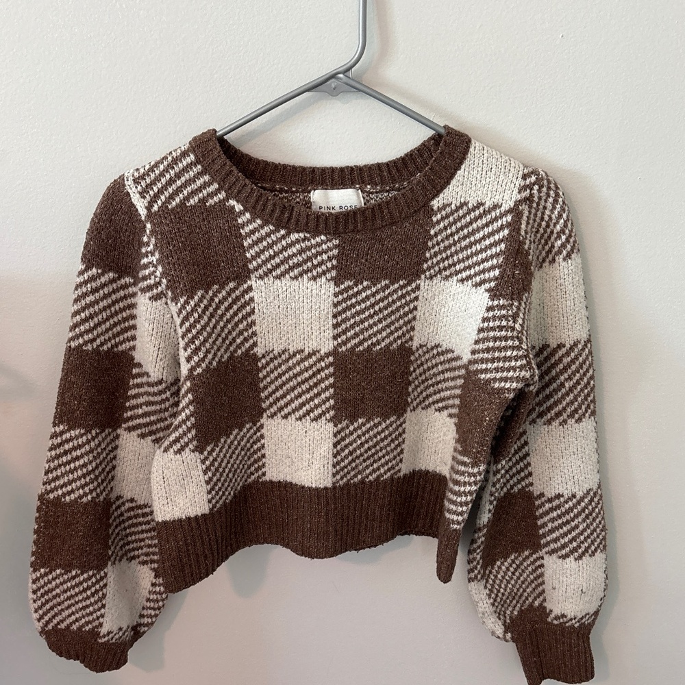 Pink Rose Brown and cream cropped checkered sweater/ Fall Sweater/ fall shirt